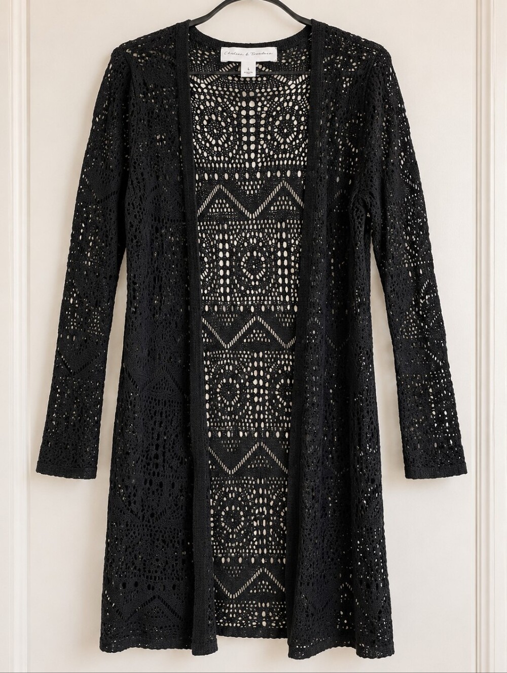 Chelsea & Theodore Black Crochet Openwork Long Cardigan Size L